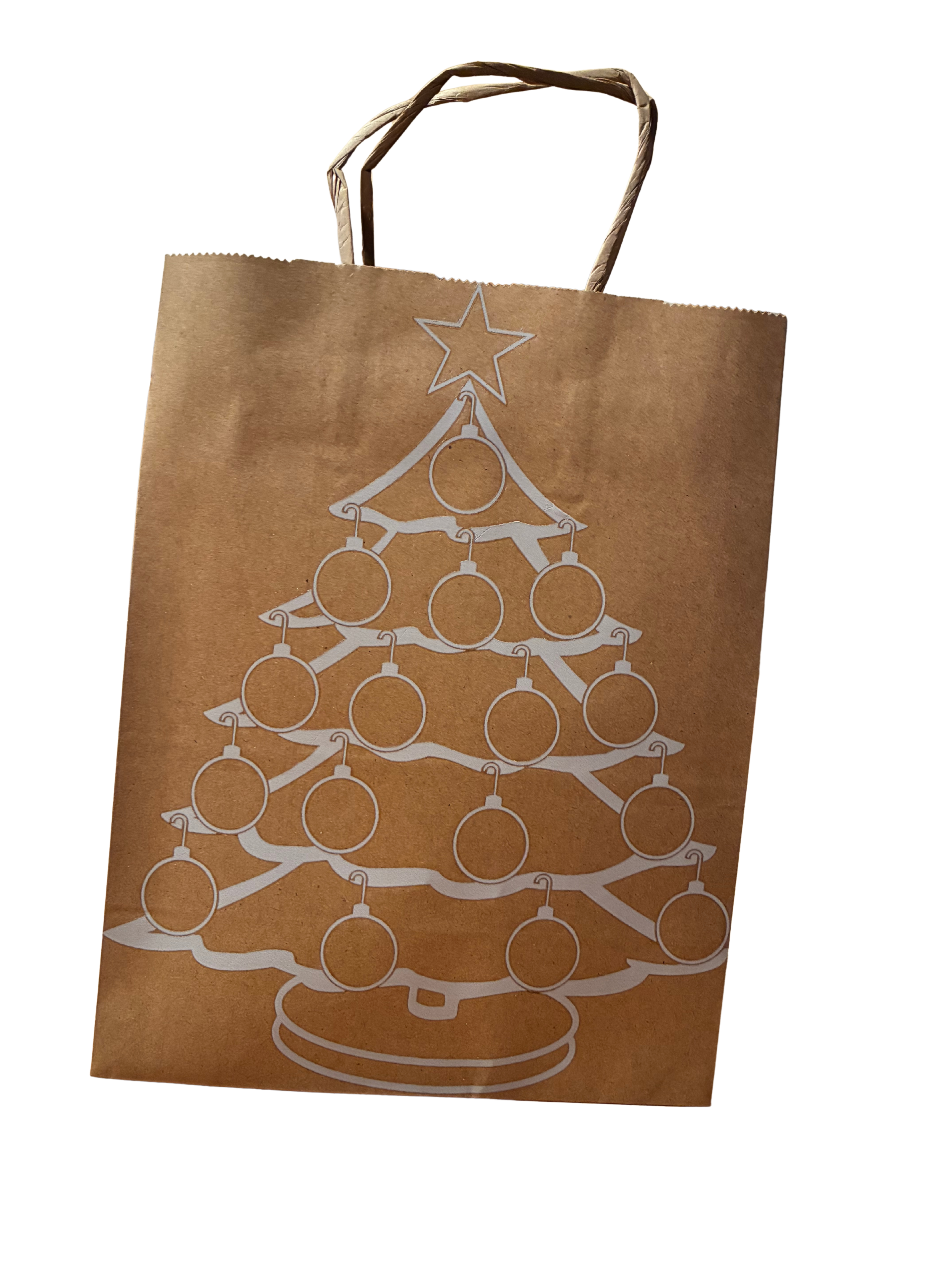 Brown paper bag with a white Christmas tree design on a white background