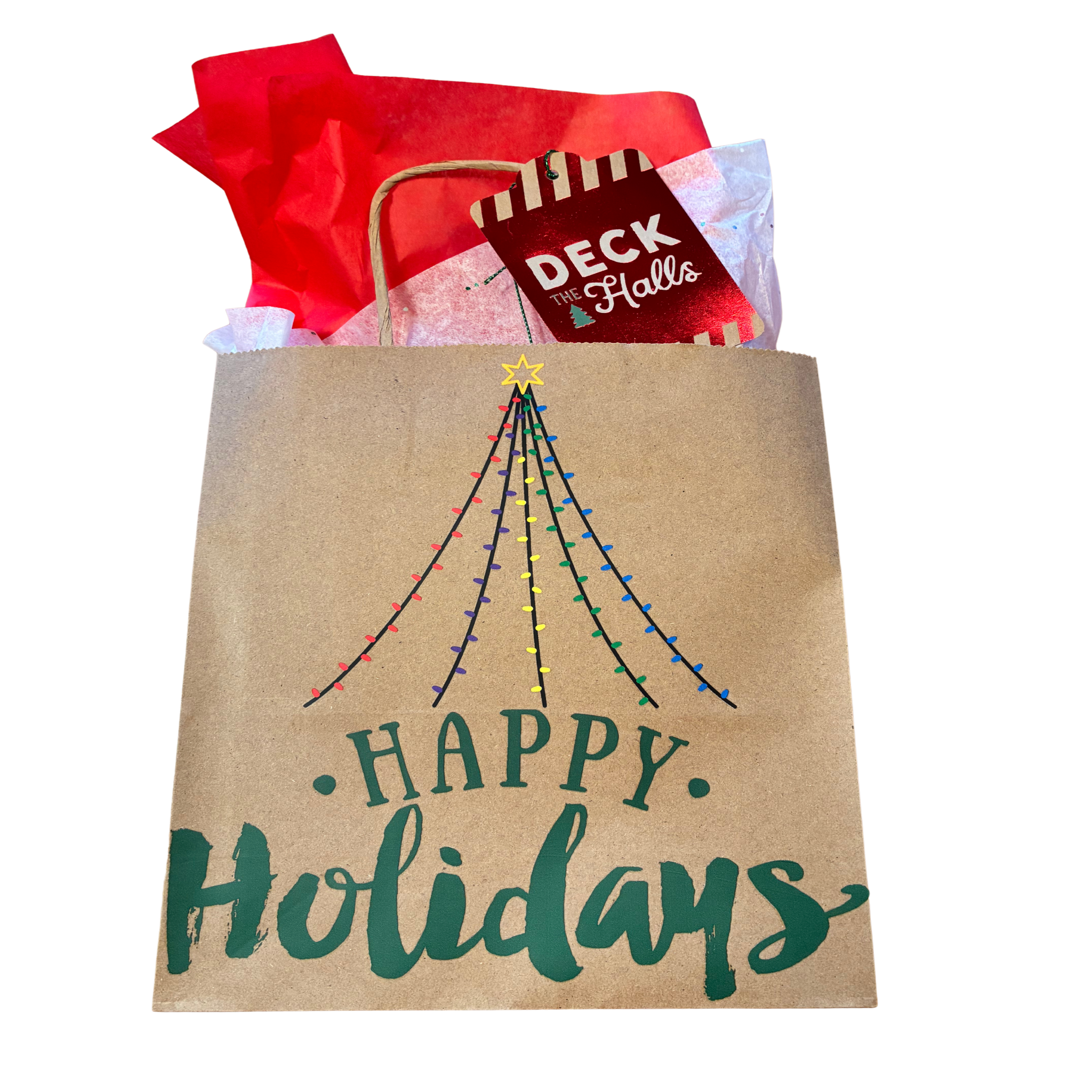 Gift bag with 'Happy Holidays' text and Christmas tree design, containing a book titled 'Deck the Halls'.