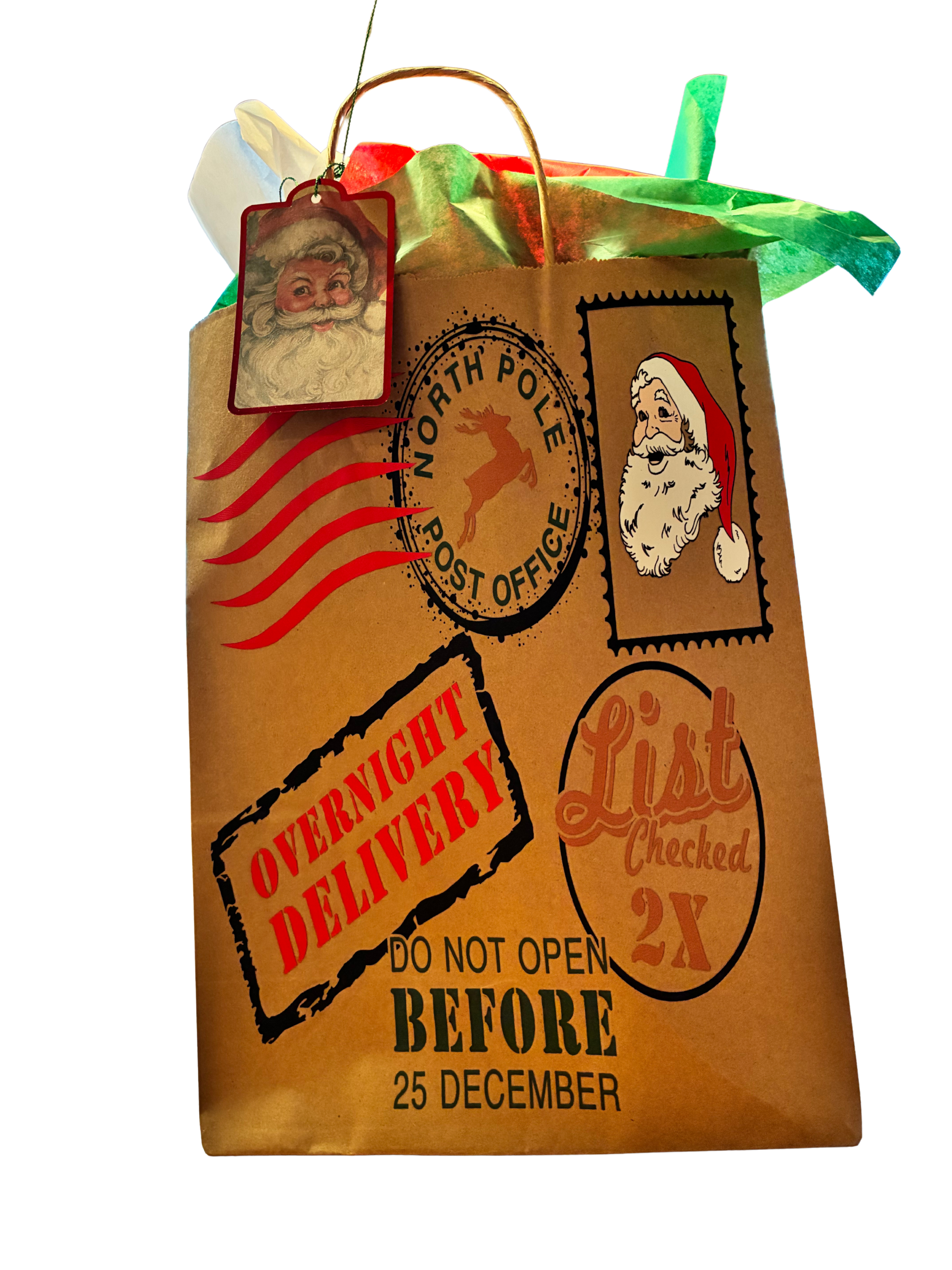 Brown paper bag with Christmas-themed stamps and text, resembling a gift package.