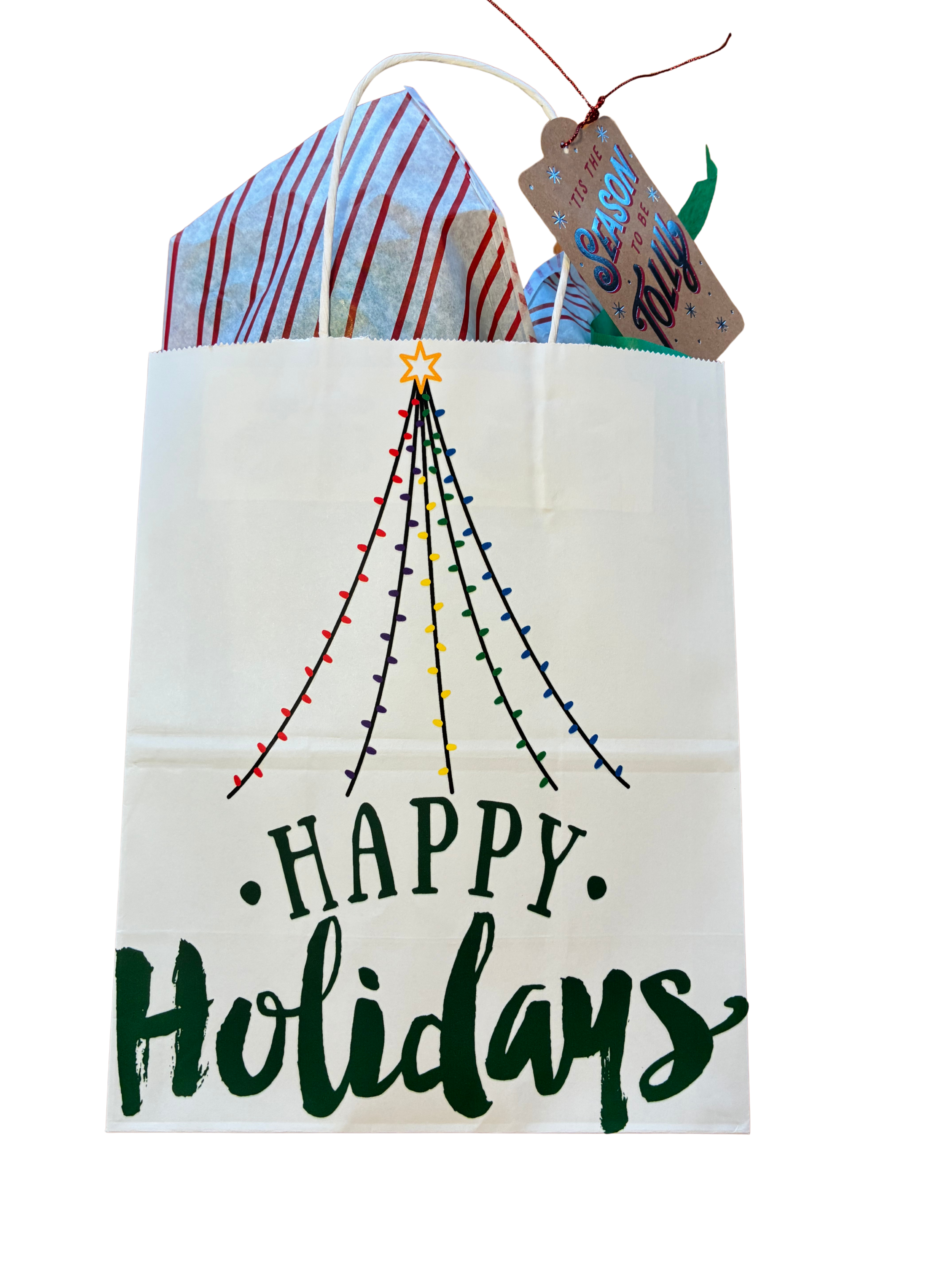 Gift bag with 'Happy Holidays' text and Christmas tree design on a white background