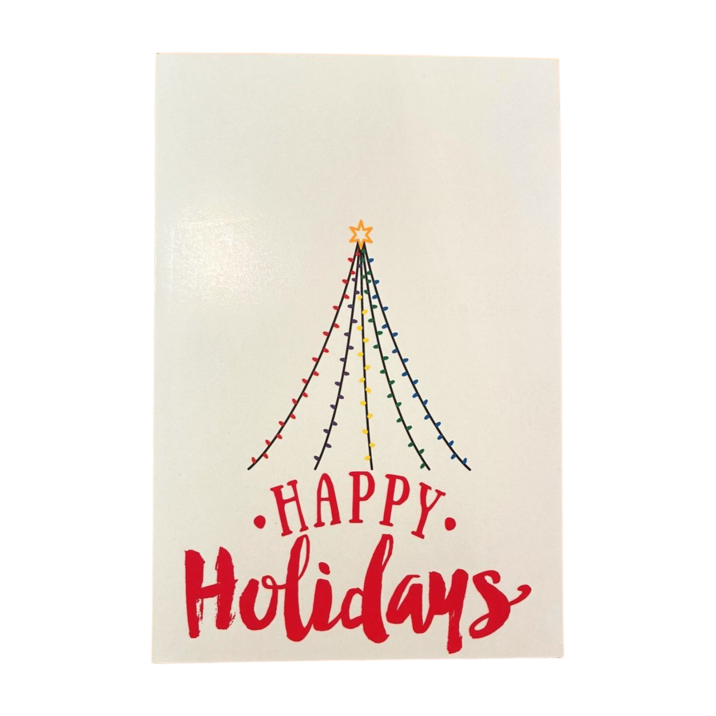 Card with Christmas tree made of lights and 'Happy Holidays' text on a white background