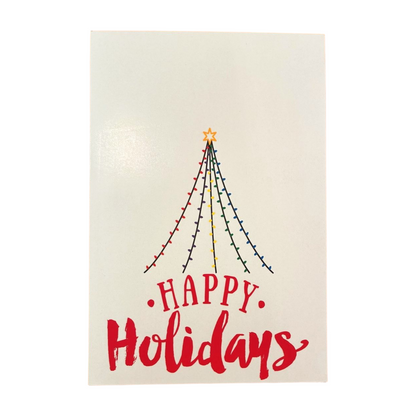 Card with Christmas tree made of lights and 'Happy Holidays' text on a white background