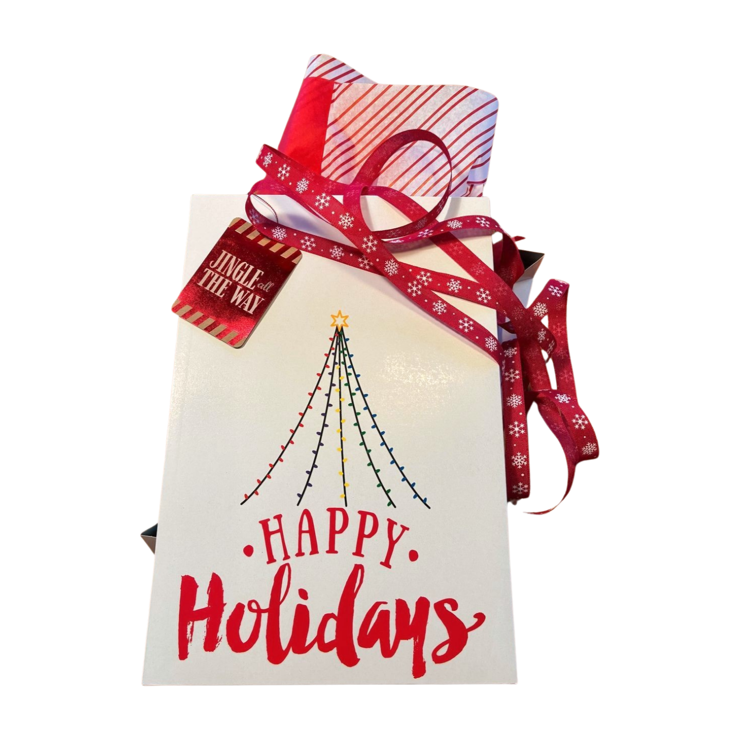 Gift with red ribbon and 'Happy Holidays' card on a white background