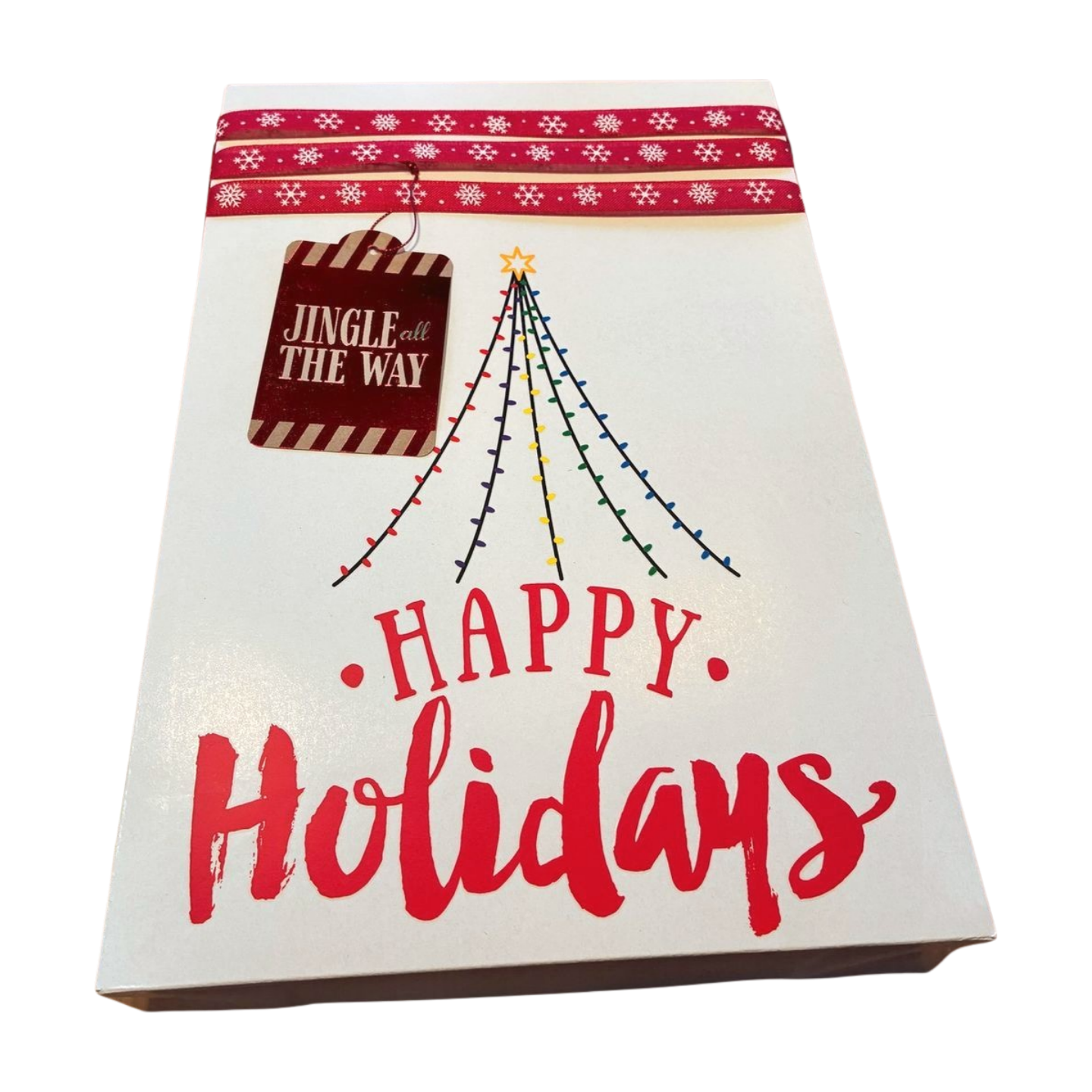 Decorative lampshade with Christmas design featuring 'Happy Holidays' text and festive elements.