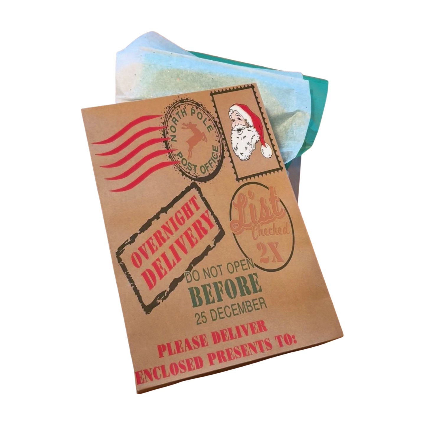 Christmas-themed envelope with stamps and text on a white background