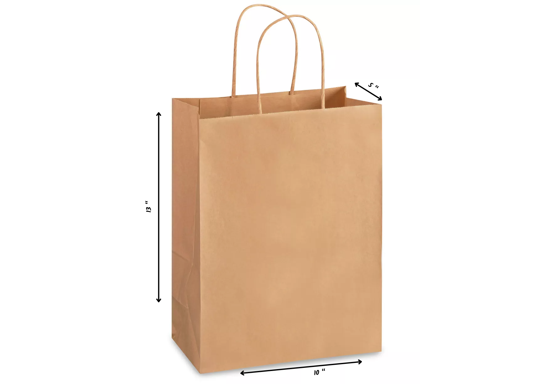 Brown paper bag with handles and measurements on a white background