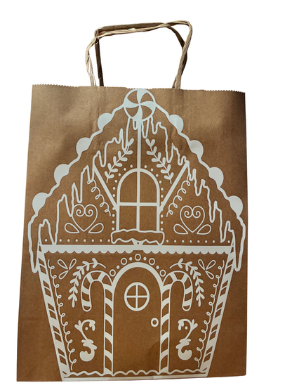 Brown paper bag with white gingerbread house design on a white background