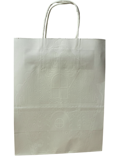 White paper bag with embossed design on a white background