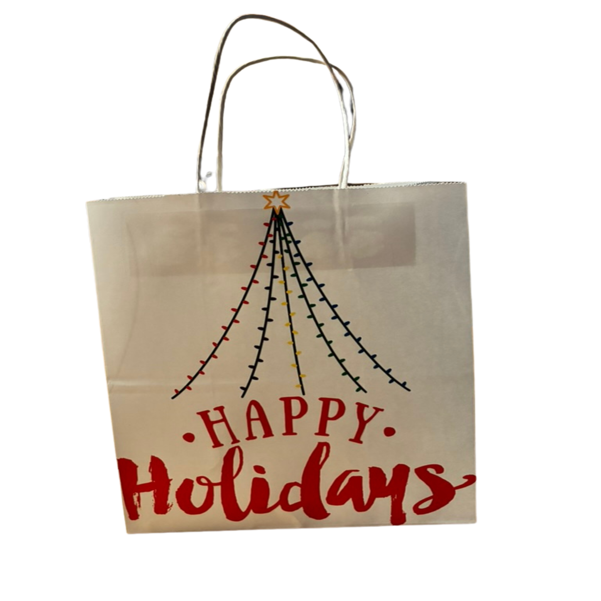 Beige paper bag with Christmas tree design and 'Happy Holidays' text on a white background