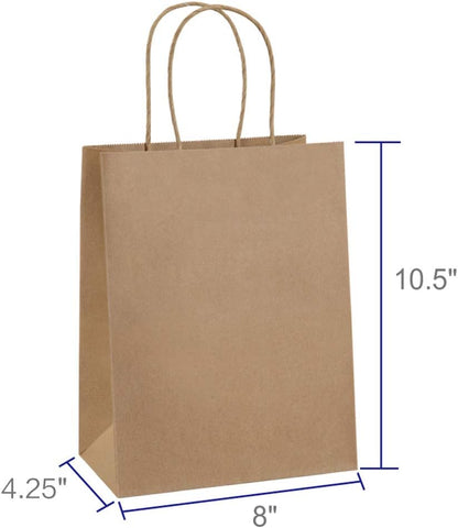 Brown paper bag with dimensions indicated on a white background