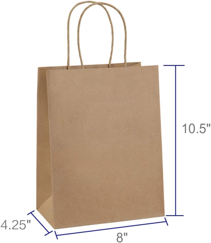 Brown paper bag with dimensions indicated on a white background