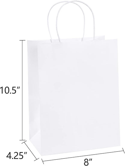 White paper gift bag with dimensions indicated on a white background
